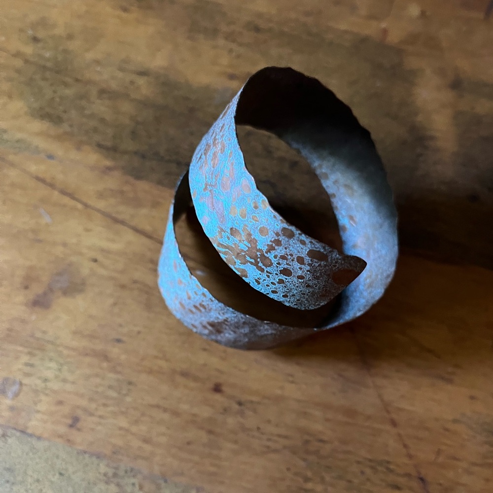 Verdigris metal bracelet / artist-made metalwork artisan patina cuff spiral